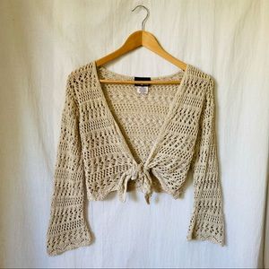 Vintage 90s Cropped Crochet Tie Front Sweater